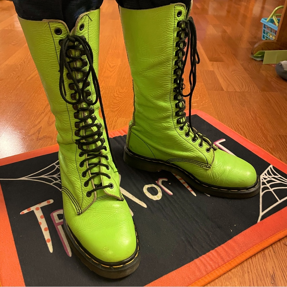 Dr. Martens Made in England “Wet Look” Lime Neon Green Chartreuse 18 eyelet boot